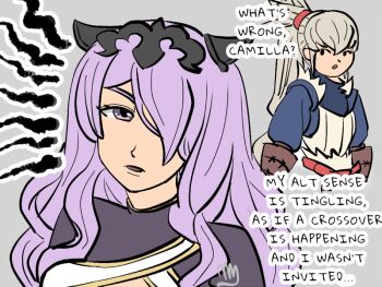 1boy 1girl bad_tag camilla_(fire_emblem) chignon fire_emblem fire_emblem_fates grey_hair nintendo purple_eyes purple_hair simple_background takumi_(fire_emblem) tiara