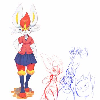 1boy 1girl animal_feet animal_hands animal_nose arm_at_side barefoot blue_fur blue_skirt body_fur bright_pupils buttons cinderace closed_mouth clothed_pokemon collared_shirt flat_chest full_body gen_1_pokemon gen_4_pokemon gen_8_pokemon gengar hand_on_own_hip happy heel_up highres j.jama looking_at_viewer lucario matching_hair/eyes miniskirt multicolored_fur multiple_views nintendo partially_colored pleated_skirt pokemon pokemon_(creature) rabbit_ears rabbit_girl red_eyes red_fur red_hair red_shirt school_uniform shirt short_hair short_sleeves simple_background sketch_inset skirt smile standing white_background white_fur white_pupils yellow_fur