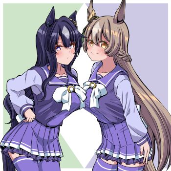 2girls animal_ears black_hair bow breast_press breasts brown_eyes brown_hair commentary_request ear_ornament ear_ribbon hair_between_eyes highres horse_ears large_breasts long_hair long_sleeves looking_at_viewer multiple_girls pleated_skirt purple_eyes satono_diamond_(umamusume) school_uniform serafuku shino_(ponjiyuusu) skirt smile symmetrical_docking thighhighs umamusume verxina_(umamusume)