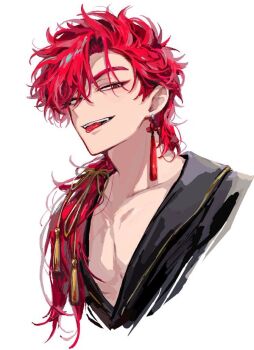 1boy alternate_costume black_robe braid braided_ponytail collarbone cropped_shoulders earrings eyebrow_cut eyeshadow fangs hair_between_eyes hair_ornament hair_over_shoulder hair_ribbon half-closed_eyes jewelry long_hair looking_at_viewer low_ponytail makeup male_focus open_mouth pectoral_cleavage pectorals ponytail portrait red_eyes red_eyeshadow red_hair ribbon robe shiguang_dailiren simple_background single_earring smile solo tassel tassel_earrings tassel_hair_ornament teeth toned toned_male tongue tongue_out tyoookozuki upper_body white_background xiao_weiying yellow_ribbon