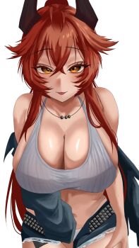 1girl antenna_hair bra breasts cleavage collarbone denim denim_shorts goddess_of_victory:_nikke green_jacket hands_on_own_thighs highres horns jacket large_breasts long_hair looking_at_viewer mechanical_horns navel official_alternate_costume open_fly open_mouth panties ponytail red_hair red_hood_(nikke) red_hood_(retro_days)_(nikke) shorts simple_background smile solo stomach tank_top tato0324iti underwear very_long_hair white_background white_panties white_tank_top yellow_eyes