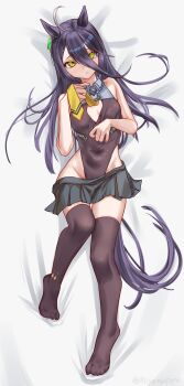 1girl absurdres ahoge animal_ears bare_shoulders black_hair black_leotard black_thighhighs blush breasts commentary_request cosplay ear_tag earrings grey_skirt hair_between_eyes highres horse_ears horse_girl horse_tail jewelry leotard long_bangs long_hair long_hair_between_eyes looking_at_viewer lowleg lowleg_skirt lying manhattan_cafe_(umamusume) mihono_bourbon_(mb-19890425)_(umamusume) mihono_bourbon_(umamusume) mihono_bourbon_(umamusume)_(cosplay) multicolored_hair necktie on_back parted_lips single_earring skirt small_breasts solo tail tatsumi_yashiro thighhighs umamusume very_long_hair white_hair white_thighhighs yellow_eyes yellow_necktie