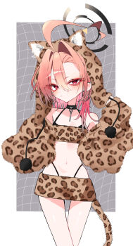 1girl ahoge alternate_costume animal_ear_hood animal_ears animal_print black_bra black_choker black_panties blue_archive blush bra breasts choker earrings fake_animal_ears gloves hair_between_eyes halo highleg highleg_panties hood hoop_earrings huge_ahoge jewelry leopard_hat leopard_print leopard_print_gloves leopard_print_shirt leopard_print_skirt leopard_tail medium_hair miniskirt mo2upoyo mole mole_under_eye neru_(blue_archive) panties paw_gloves red_eyes skindentation skirt small_breasts solo standing strapless tail thigh_gap tube_top underwear whale_tail_(clothing) wide_hips