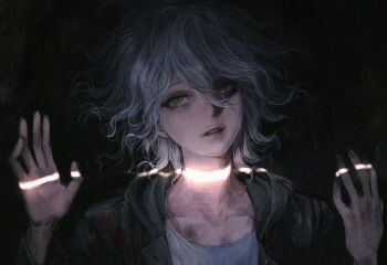 Rule 34 | 1boy, absurdres, black background, close-up, commentary, danganronpa (series), danganronpa 2: goodbye despair, green eyes, grey hair, hair between eyes, hands up, highres, hood, hood down, komaeda nagito, looking at viewer, male focus, parted lips, seapall, simple background, solo, sunlight, upper body, wavy hair