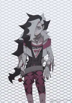 Rule 34 | 1boy, bags under eyes, choker, collarbone, commentary request, eyeshadow, grey eyeshadow, hair over one eye, highres, jacket, kokujin youhei, long hair, long sleeves, looking at viewer, makeup, male focus, multicolored hair, nintendo, open clothes, open jacket, pants, piers (pokemon), pink pants, poke ball, poke ball (basic), pokemon, pokemon swsh, two-tone hair, white jacket