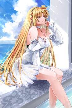 1girl arm_up bare_shoulders blonde_hair blush breasts choker cleavage collarbone day dress elbow_gloves fate_testarossa feet_in_water gloves highres large_breasts legs long_hair looking_to_the_side lyrical_nanoha mahou_shoujo_lyrical_nanoha ocean one-piece_dress pool poolside red_eyes shiny_clothes shiny_skin sitting sky sleeveless sleeveless_dress smile solo sougetsu_izuki thighs white_dress