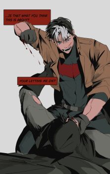 bat_signal batman batman_(series) batman_symbol black_bodysuit black_gloves black_hair blue_eyes bodysuit brown_jacket bruce_wayne cowl dc_comics gloves grey_bodysuit highres holding jacket jason_todd jasonjoayo male_focus mask multicolored_bodysuit multiple_boys muscular muscular_male open_clothes pants red_hood_(dc) red_hood_and_the_outlaws short_hair superhero_costume taut_bodysuit two-tone_bodysuit