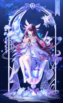 1girl bare_shoulders black_hair blue_flower character_name closed_eyes closed_mouth columbina_(genshin_impact) commentary_request dress flower full_body genshin_impact hair_ornament hand_up highres holding holding_flower light_smile long_hair luonnotar_(genshin_impact) miaogujun multicolored_hair purple_hair signature sitting solo star_(sky) starry_sky_background very_long_hair white_dress white_flower wing_hair_ornament