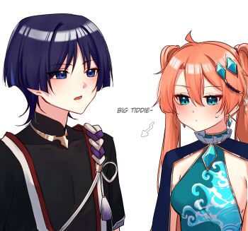 1boy 1girl adam's_apple ahoge aqua_dress arms_at_sides arrow_(symbol) artist_self-insert black_bodysuit black_kimono black_sleeves blue_cape blue_gemstone blunt_ends blush bodysuit breasts cape closed_mouth collar couple covered_collarbone crystal_earrings curtained_hair dress earrings english_text eyeliner eyeshadow frilled_collar frills gem gem_hair_ornament genshin_impact gold gold_trim grey_sleeves hair_between_eyes hetero highres japanese_clothes jewelry juban kimono layered_sleeves long_hair looking_at_another lower_teeth_only makeup mandarin_collar medium_breasts multicolored_hair neck_ring oc_x_canon open_clothes open_kimono open_mouth orange_hair original purple_eyes purple_hair purple_rope red_eyeliner red_eyeshadow red_kimono rope scaramouche_(genshin_impact) shimenawa short_sleeves sideboob single_hair_intake sleeveless sleeveless_dress streaked_hair sweatdrop tassel teeth tongue tsurime twintails wave_print white_background white_kimono white_rope yoontrsh