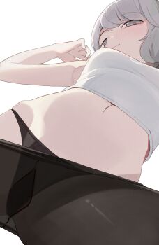 1girl black_panties black_pantyhose breasts closed_mouth clothes_pull commentary grey_eyes grey_hair gusset highres hiroki_(yyqw7151) looking_at_viewer lying medium_breasts navel on_back original panties pantyhose pantyhose_pull shirt simple_background smile solo underwear white_background white_shirt