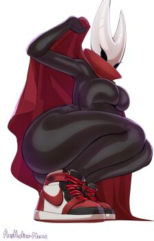 1girl absurdres aestheticc-meme ass black_skin blank_eyes breasts cape cloak colored_skin highres hollow_eyes hollow_knight hollow_knight:_silksong hornet_(hollow_knight) horns large_breasts looking_at_viewer red_cape red_cloak shoes simple_background sneakers solo squatting thick_thighs thighs white_background