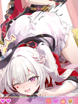 Rule 34 | 2girls, ass, black gloves, black hat, blush, braid, clenched hands, clenched teeth, commentary request, diamond (shape), diamond facial mark, dual persona, emoji, facial mark, gloves, hat, hat ornament, heart, heart facial mark, highres, honkai: star rail, honkai (series), livestream, long hair, mark under both eyes, mini hat, mini top hat, multicolored hair, multiple girls, obi, one eye closed, open mouth, pink hair, purple eyes, red shirt, sash, shirt, single glove, skirt, smile, spanking, sparkle (honkai: star rail), sparxie (honkai: star rail), streaked hair, teeth, tomas (kaosu22), top-down bottom-up, top hat, twintails, two-tone hair, white hair, white skirt