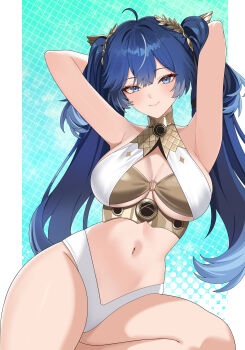 1girl absurdres adapted_costume ahoge arms_up bare_shoulders blue_eyes blue_hair border breasts cleavage closed_mouth commentary gold_bra hashtag-only_commentary highres iuno_(wuthering_waves) large_breasts laurel_crown light_blush long_hair looking_at_viewer multicolored_hair navel pillarboxed smile solo stomach streaked_hair thighs twintails twomoon very_long_hair white_border wuthering_waves