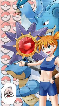 1boy 1girl articuno bald bike_shorts blaine_(pokemon) blastoise blue_eyes blue_sports_bra blush breasts facial_hair gen_1_pokemon green_eyes gym_leader hand_on_own_hip highres holding holding_poke_ball lapras legendary_pokemon midriff misty_(pokemon) navel nintendo old old_man open_mouth orange_hair poke_ball poke_ball_(basic) poke_ball_symbol pokemon pokemon_frlg pokemon_tcg pokemon_tcg_pocket ponytail short_hair shorts side_ponytail small_breasts smile spoken_character sports_bra standing starmie teeth w.wing_(wheelwing708) wristband