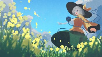 1girl black_hat blue_eyes blue_sky cloud commentary day eyeball flower green_hair green_skirt hat hat_ribbon heart heart_of_string highres komeiji_koishi long_sleeves nanahana_nanana outdoors ribbon shirt skirt sky solo third_eye touhou wide_sleeves yellow_flower yellow_ribbon yellow_shirt
