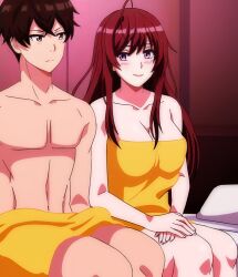 Rule 34 | 1boy, 1girl, absurdres, anehame ore no hatsukoi ga jisshi na wake ga nai, ass, blush, breasts, brother and sister, brown hair, cleavage, completely nude, erection, erection under towel, highres, hotel room, incest, large breasts, looking back, mole, mole under eye, nude, purple eyes, sakagami rio, siblings, solo, towel, towel over breasts, yellow towel