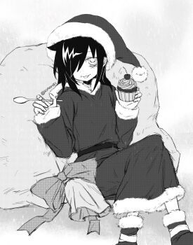 1girl 2channel :p bags_under_eyes belt boots christmas cream cream_on_face dress food food_on_face fur-trimmed_boots fur-trimmed_dress fur_trim grey_background greyscale hair_over_one_eye hat highres holding holding_food holding_spoon kuroki_tomoko long_dress long_hair long_sleeves looking_at_viewer monochrome muffin one_eye_covered pom_pom_(clothes) sack santa_costume santa_dress santa_hat shoboon sidelocks simple_background sitting sleeves_past_wrists smile solo spoon tongue tongue_out twitter_username watashi_ga_motenai_no_wa_dou_kangaetemo_omaera_ga_warui! xi7197269767042