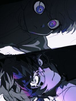2boys closed_mouth commentary_request glasses highres jacket looking_at_viewer looking_down male_focus master_detective_archives:_rain_code multiple_boys oishikunatte_shintoujou round_eyewear short_hair split_screen spot_color symbol_in_eye upper_body yuma_kokohead zilch_alexander