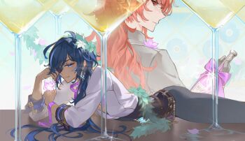 Rule 34 | 2boys, antenna hair, black gloves, blue hair, bottle, cocktail glass, commentary request, cup, dark-skinned male, dark skin, diluc (genshin impact), drinking glass, earrings, eyepatch, genshin impact, gloves, hair over shoulder, holding, jewelry, kaeya (genshin impact), long hair, long sleeves, low ponytail, male focus, mochuuuuuuu, multiple boys, one eye covered, open clothes, open shirt, ponytail, red hair, shirt, single earring, step-siblings, wine bottle, wreath