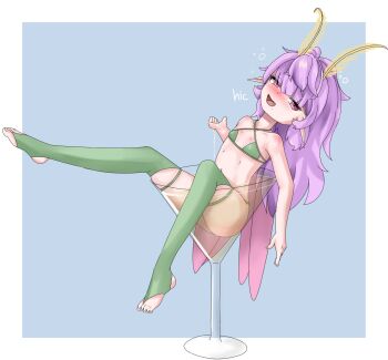 1girl ass bare_shoulders blush cocktail_glass cup drinking_glass drunk equus_ignis fairy feet highres loli long_hair looking_at_viewer mini_person mole muu_muyu navel open_mouth partially_submerged phase_connect pink_eyes pointy_ears purple_hair solo sound_effects tagme thighhighs virtual_youtuber wings