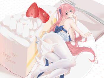 1girl absurdres annlee arm_support back bare_arms bare_shoulders blue_eyes blue_ribbon blush breasts cake cake_slice clothes_pull commentary_request cream cream_on_breasts dress dress_pull food fork hair_between_eyes hair_ribbon hair_spread_out happy_birthday highres holding holding_food large_breasts long_hair lying mini_person minigirl on_side one_side_up original pantyhose pink_hair plate ribbon short_dress solo torn_clothes torn_pantyhose white_dress white_pantyhose