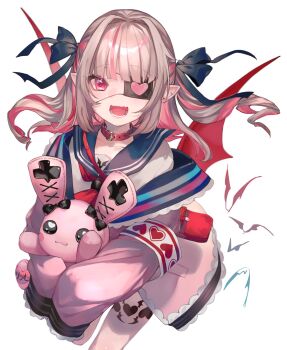 1girl armband bag bat_(animal) belt_collar blue_ribbon blue_sailor_collar blush collar colored_inner_hair debitto_(makaino_ririmu) demon_wings drill_hair eyepatch fang feet_out_of_frame floating_hair grey_hair hair_intakes hair_over_shoulder hair_ribbon handbag heart heart_eyepatch highres hugging_doll hugging_object jacket koujira leg_tattoo long_hair looking_at_viewer makaino_ririmu makaino_ririmu_(4th_costume) multicolored_hair neckerchief nijisanji off_shoulder open_clothes open_jacket open_mouth pink_hair pink_jacket pink_streaks pointy_ears red_bag red_collar red_eyes red_neckerchief red_wings ribbon sailor_collar school_uniform serafuku shirt shoulder_bag sidelocks simple_background skin_fang sleeves_past_fingers sleeves_past_wrists smile solo standing standing_on_one_leg streaked_hair stuffed_animal stuffed_rabbit stuffed_toy tattoo two-tone_hair two_side_up virtual_youtuber white_background white_shirt winged_heart winged_heart_tattoo wings