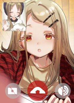 2girls :o absurdres black_hat blonde_hair blurry blurry_foreground brown_hair closed_eyes colored_eyelashes commentary_request depth_of_field flipped_hair gakuen_idolmaster hair_ornament hairclip hand_up hanten_(clothes) hat highres idolmaster jacket jio_(baku_zugogo) kuramoto_china long_hair long_sleeves looking_at_viewer multiple_girls open_clothes open_hand open_jacket open_mouth orange_eyes parallel_hairclips parted_bangs red_jacket shinosawa_hiro shirt video_call white_shirt yagasuri yellow_shirt