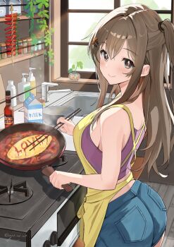 1girl ammo21204760 apron bare_arms bowl brown_eyes brown_hair chili_pepper chopsticks commentary_request cooking cowboy_shot dated denim denim_skirt food frying_pan girls&#039;_frontline girls&#039;_frontline_2:_exilium hair_ornament hairclip holding holding_chopsticks holding_frying_pan indoors k2_(girls&#039;_frontline) kitchen long_hair looking_at_viewer looking_to_the_side milk miniskirt omelet one_side_up pink_pupils purple_tank_top sink sinking skirt smile solo stove tank_top yellow_apron yoohee_(girls&#039;_frontline_2)