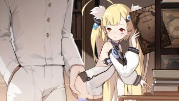 1boy 1girl ahoge azur_lane bare_shoulders blonde_hair blvefo9 commander_(azur_lane) commentary cowboy_shot detached_sleeves dress eldridge_(azur_lane) english_commentary grabbing_another's_ass groping hetero indoors leaning_forward library loli long_hair long_sleeves looking_back mixed-language_commentary paid_reward_available parted_lips puffy_long_sleeves puffy_sleeves red_eyes short_dress size_difference sleeveless sleeveless_dress twintails very_long_hair white_dress white_sleeves