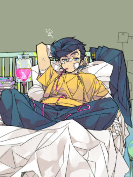 1boy bad_id bad_pixiv_id bandages bed black_hair blood blood_bag blue_eyes diamond_wa_kudakenai higashikata_josuke jojo_no_kimyou_na_bouken lying male_focus orange_shirt pompadour school_uniform shirt solo toujou_sakana