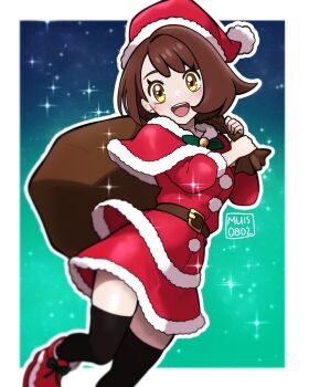 1girl :d absurdres artist_name belt black_thighhighs blurry border brown_belt brown_eyes brown_hair capelet christmas commentary eyelashes fur-trimmed_capelet fur_trim gloria_(pokemon) hands_up happy hat highres holding holding_sack jacket looking_at_viewer muis0802 nintendo open_mouth outline outside_border pokemon pokemon_swsh red_capelet red_hat red_jacket red_shoes red_skirt sack santa_costume santa_hat shoes short_hair skirt smile solo sparkle teeth thighhighs upper_teeth_only white_border