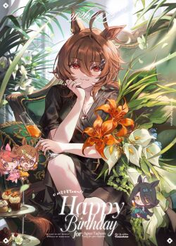 1girl :d :o agnes_tachyon_(umamusume) ahoge alternate_costume animal_ears birthday black_pajamas brown_hair cake cake_slice chair chibi commentary_request cup cupcake dantsu_flame_(umamusume) dress drinking_glass ear_covers fang flower flower_request food grin hair_ornament hairclip happy_birthday head_on_hand holding holding_cup horse_ears jungle_pocket_(umamusume) leaf looking_at_viewer manhattan_cafe_(umamusume) notched_ear open_mouth orange_flower pajamas plant red_eyes seductive_smile short_hair sitting smile solo umamusume welchino white_flower wine_glass yellow_eyes