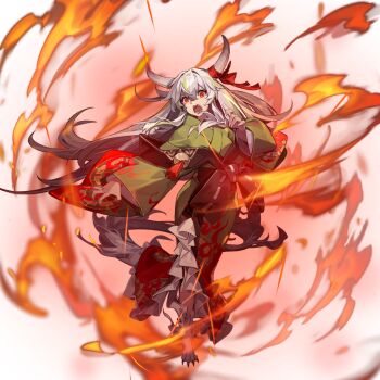 1girl alternate_costume black_sash claws ex-keine fangs fantastic_danmaku_festival fingernails fire flame_print full_body game_cg green_hair green_kimono grey_hair horn_ornament horn_ribbon horns japanese_clothes kamishirasawa_keine kimono long_hair multicolored_hair official_art red_eyes ribbon sash scorpion5050 sharp_fingernails solo streaked_hair tail tassel third-party_source touhou two-tone_hair very_long_hair wide_sleeves