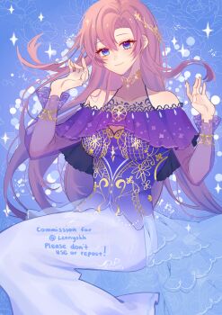 Rule 34 | 1girl, absurdres, blue eyes, closed mouth, commentary, commission, curtained hair, dress, eiyuu densetsu, emma millstein, english commentary, english text, floating hair, hair between eyes, highres, long hair, looking at viewer, off-shoulder dress, off shoulder, parted bangs, pink hair, sakuradonuts, sen no kiseki, sen no kiseki (series), sen no kiseki iv, smile, solo, upper body