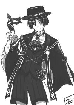 1boy 49ibo240 alternate_costume arm_at_side artist_name ascot blunt_ends boater_hat coat coat_on_shoulders contrapposto cowboy_shot eye_mask formal_clothes frilled_shirt_collar frilled_sleeves frills genshin_impact gloves greyscale half_gloves hand_on_own_hip hand_up highres holding holding_mask hoyofair lapels long_sleeves looking_to_the_side male_focus mask monochrome parted_bangs pleated_shorts ringed_eyes scaramouche_(genshin_impact) smile solo tsurime undershirt vest wanderer_(genshin_impact) white_background