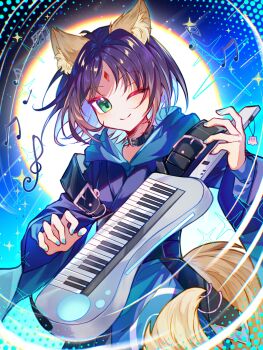 1girl ;) animal_ears black_choker black_hair blue_hair blue_hoodie blue_nails chinese_commentary cho_kaguya-hime! choker closed_mouth commentary_request dog_ears dog_tail fox_ears fox_tail green_eyes guitar helios1862851 highres holding holding_instrument hood hood_down hoodie instrument long_sleeves looking_at_viewer multicolored_hair music musical_note nail_polish one_eye_closed playing_instrument purple_hair sakayori_iroha short_hair smile solo tail