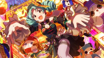 1girl :d breasts brown_eyes chinese_clothes cleavage commentary_request detached_sleeves dress drill_hair foreshortening frilled_sleeves frills game_cg green_dress green_hair hat idolmaster idolmaster_million_live! idolmaster_million_live!_theater_days jiangshi_costume looking_at_viewer official_alternate_costume official_alternate_hairstyle official_art ofuda ofuda_on_head open_mouth outstretched_arms qingdai_guanmao short_hair smile solo thighhighs third-party_source tokugawa_matsuri twin_drills zombie_pose