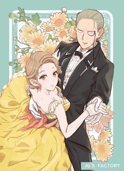 1boy 1girl aged_down aldila-works artist_name artistic_error back_bow bow bowtie breasts brown_eyes brown_hair cleavage copyright_name dancing dress flower gloves grey_hair hair_slicked_back henry_henderson hetero highres holding_hands light_smile looking_at_viewer martha_marriott monocle pocket_square sanpaku small_breasts spy_x_family traditional_bowtie white_gloves yellow_dress