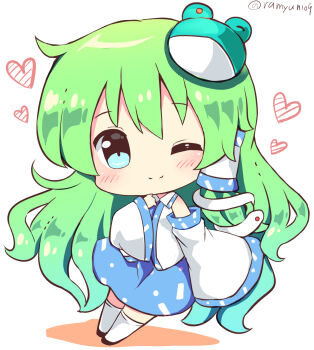 1girl ;) blue_eyes blue_skirt chibi chibi_only closed_mouth collared_shirt commentary_request detached_sleeves frog_hair_ornament full_body green_hair hair_ornament hair_tubes heart highres kochiya_sanae long_hair long_sleeves looking_at_viewer one_eye_closed ramudia_(lamyun) shirt single_hair_tube skirt sleeveless sleeveless_shirt sleeves_past_fingers sleeves_past_wrists smile solo standing star_(symbol) star_hair_ornament thighhighs touhou twitter_username very_long_hair white_shirt white_thighhighs wide_sleeves