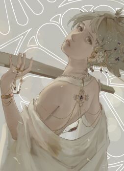 1girl alternate_costume bare_back bare_shoulders blonde_hair expressionless eyelashes fingernails from_behind grey_background hair_ears hashtag-only_commentary hatsburg head_tilt highres holding holding_rod jewelry lips looking_at_viewer looking_back nostrils parted_lips pink_lips realistic rod shawl short_hair shoulder_blades solo teeth touhou toyosatomimi_no_miko upper_body white_shawl yellow_eyes