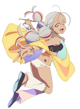 1girl ahoge amoru_(towa_no_yuugure) anime_coloring bandeau black_bandeau black_shoes braid breasts capelet dark-skinned_female dark_skin full_body grey_hair hair_between_eyes highres leg_up leg_warmers long_hair looking_at_viewer low_twin_braids medium_breasts multicolored_hair navel official_art open_mouth panties red_eyes red_hair shoes simple_background smile solo standing standing_on_one_leg streaked_hair tayama_midori teeth thighs towa_no_yuugure transparent_background twin_braids two-tone_hair underwear very_long_hair white_leg_warmers white_panties yellow_capelet