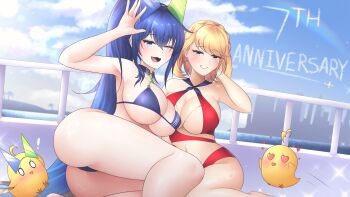 2girls absurdres anniversary ass azur_lane bare_shoulders bikini blonde_hair blue_bikini blue_hair breasts feet_out_of_frame hand_in_own_hair heart heart-shaped_eyes heterochromatic_eyewear highres large_breasts long_hair looking_at_viewer manjuu_(azur_lane) medium_hair multiple_girls new_jersey_(azur_lane) new_jersey_(midsummer_leisure)_(azur_lane) o-ring o-ring_bikini official_alternate_costume one-piece_swimsuit outdoors ponytail prince_of_wales_(azur_lane) pumpkinpaii red_one-piece_swimsuit swimsuit tinted_eyewear triangular_eyewear very_long_hair