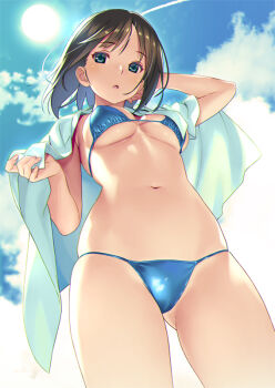 1girl bikini black_eyes black_hair blue_bikini blue_sky breasts cloud commentary_request contrail cowboy_shot day from_below koutaro looking_at_viewer looking_down medium_breasts original outdoors revision short_hair sky solo sun swimsuit twitter_username underboob