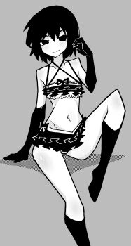 1girl akableak arm_support arms_behind_back bikini bikini_skirt black_eyes black_gloves black_hair black_socks bow bow_bikini breasts closed_mouth collarbone commentary criss-cross_straps curled_fingers elbow_gloves english_commentary foot_out_of_frame frilled_bikini frilled_skirt frills gloves grey_background greyscale groin hair_between_eyes halftone hand_up highres knee_up kneehighs lace lace-trimmed_bikini lace_trim looking_at_viewer miniskirt monochrome monogatari_(series) navel oshino_ougi shadow short_hair simple_background sith sitting skirt small_breasts smile smirk socks solo swimsuit