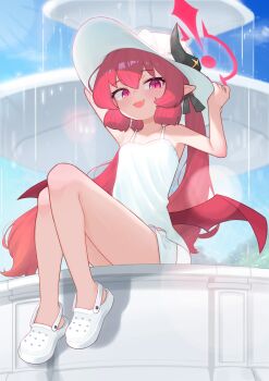 1girl :3 absurdres alternate_costume arms_up bare_shoulders bat_wings black_horns blue_archive bow commentary_request crocs day demon_horns demon_wings fang fountain halo hand_on_headwear hat hat_bow highres horns junko_(blue_archive) korean_commentary lens_flare long_hair looking_at_viewer looking_to_the_side open_mouth outdoors pink_eyes pointy_ears rabbitballoon red_hair red_halo red_wings shirt shorts sidelocks sitting sleeveless sleeveless_shirt slit_pupils smile solo sun_hat very_long_hair water white_bow white_footwear white_hat white_shirt white_shorts wings