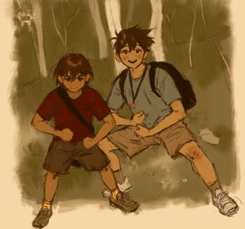 2boys aged_down bad_tag brothers brown_eyes brown_hair forest full_body helmet hero_(faraway)_(omori) hero_(omori) highres kel_(faraway)_(omori) kel_(omori) multiple_boys nature omori outdoors pout r3dhands shorts siblings size_difference smile
