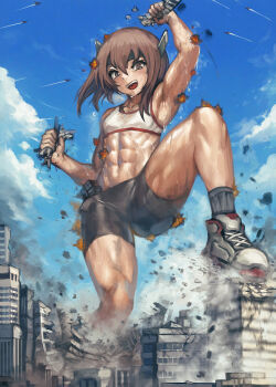 1girl abs armpits battle bike_shorts brown_eyes brown_hair city destruction explosion giant giantess kantai_collection muscular muscular_female solo sweat taihou_(kancolle) tank_top yilx