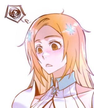 1girl 2025 bleach bleach:_sennen_kessen-hen breasts brown_eyes cleavage cleavage_cutout clothing_cutout collarbone detached_sleeves female_focus hair_ornament hairclip inoue_orihime light_blush n_(nauki_11) official_alternate_costume orange_hair puffy_sleeves simple_background snowflake_hair_ornament upper_body white_background