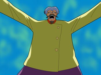 1boy absurdres beard dr._mikamura facial_hair g_gundam getter_robo glasses grey_hair gundam highres long_sleeves mustache old old_man open_mouth reprilo_channel scene_reference solo thick_eyebrows thick_mustache upper_body