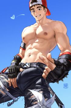Rule 34 | 1boy, absurdres, bara, baseball cap, beom liben, black hair, black pants, bulge, chrispplus, hat, heart, highres, muscular, muscular male, original, pants, red eyes, topless male, yaoi